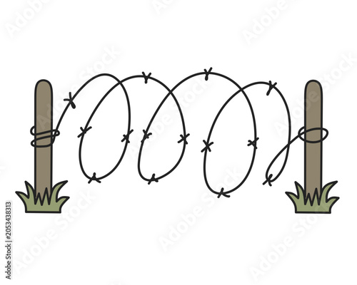 Cuadro en lienzo Cartoon barbed wire fence between wooden posts hand drawn illustration for war t