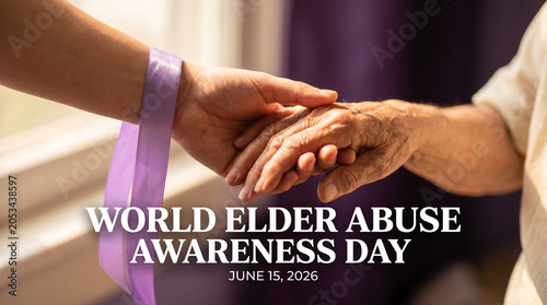 Intergenerational Hands of Hope — World Elder Abuse Awareness Day June 15 2026, Young and Elderly Hands United with Purple Ribbon, Warm Natural Light Editorial Stock Photo