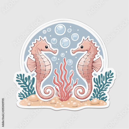 Two Cartoon Seahorses Underwater with Bubbles and Coral