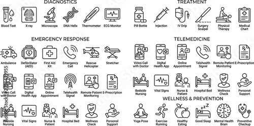 Medical icons set with diagnostics and treatment symbols isolated on transparent background