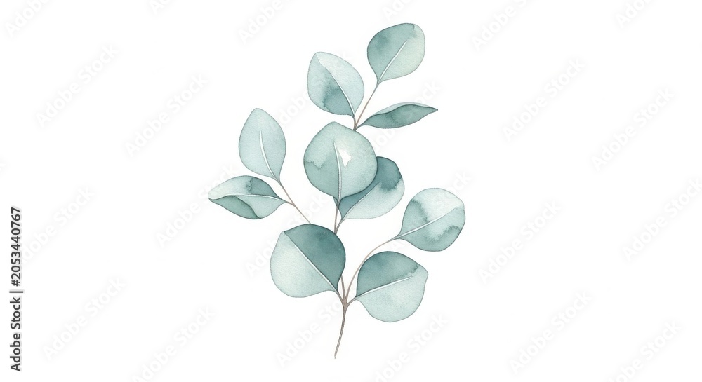 Obraz premium Green eucalyptus branch with oval leaves on white background