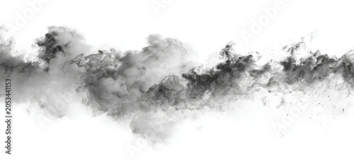 Dense grey smoke billows across a stark white background, creating an abstract, dynamic composition