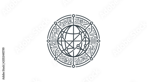 Obraz na płótnie A detailed circular emblem featuring a stylized globe integrated with digital circuit board patterns and binary code