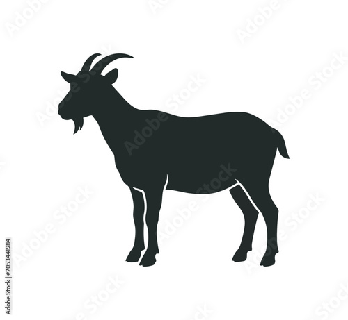 Silhouette of a Standing Goat with Horns and Beard.