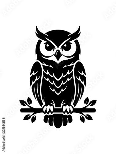 Stylized Black and White Owl Perched on Branch.