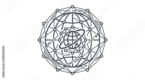 Fotografía A complex digital globe illustration featuring interconnected network nodes and orbital rings