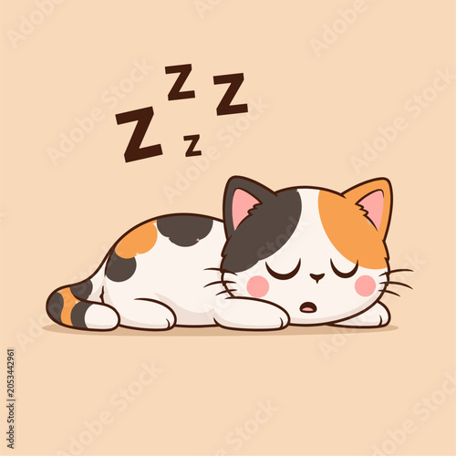 Cute Sleeping Calico Cat Cartoon Vector Illustration
