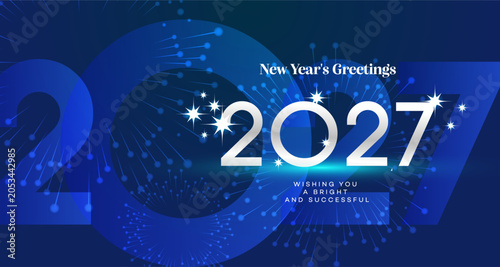 New Year 2027 Greeting Card Design Featuring Sparkling Blue Background and Bright White Numbers