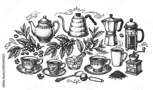Vintage Coffee and Tea Sketch Vector Collection with Brewing Accessories and Beverage Elements