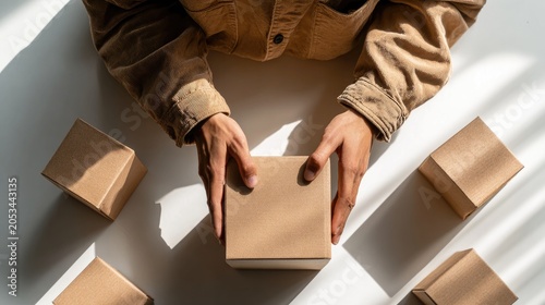 Hands carefully arranging small cardboard boxes on a white surface with sunlight
