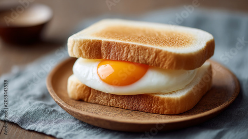 A Simple Egg Sandwich with Toasted Bread on a Wooden Plate