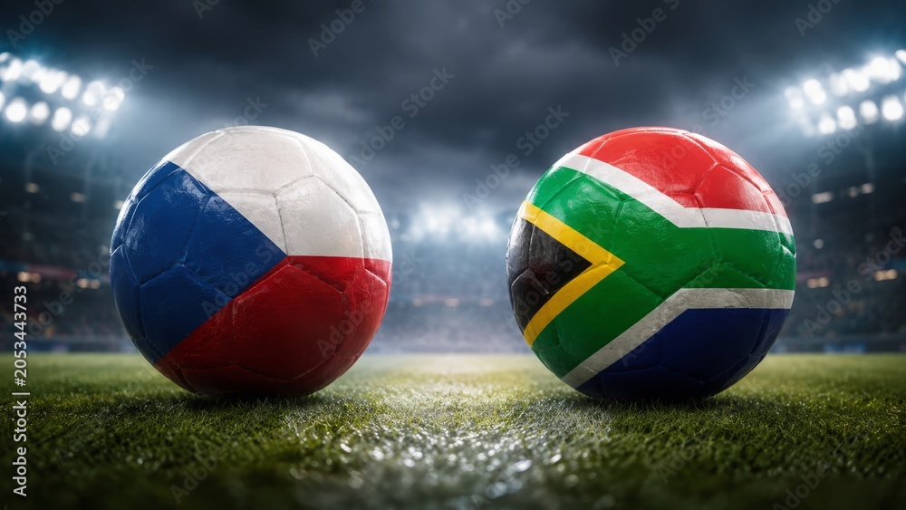 Naklejka premium Two soccer balls featuring Czechia and South Africa facing each other for a competitive match. 