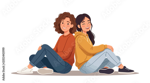 Happy female friends sitting back to back smiling