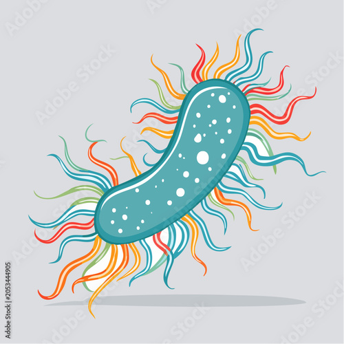 Stylized Illustration of a Bacterium with Colorful Appendages