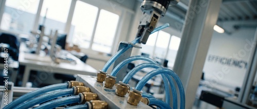 Robotic arm pneumatic tube assembly in automated smart factory, close-up of industrial automation robot gripper manipulating hoses on manifold block for high-precision manufacturing production system.