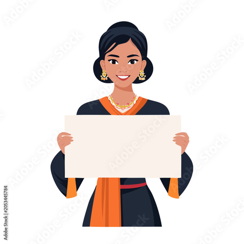 Woman in traditional clothing holding blank sign