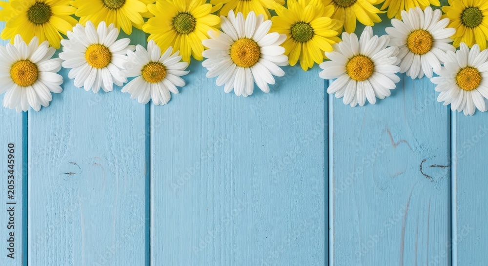 Obraz premium White and Yellow Daisy Flowers Border on Light Blue Wooden Background with Copy Space for Text