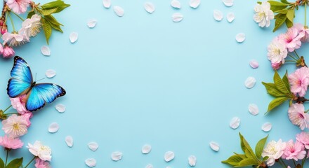 Spring Background with Blue Butterfly and Pink Cherry Blossoms on Light Blue Surface with Copy Space