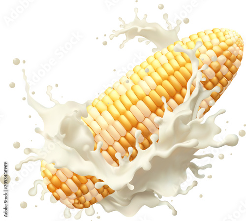 Chocolate bar rotates in splashes of milk on background Isolated on background. Vector illustration. Gradient Mesh