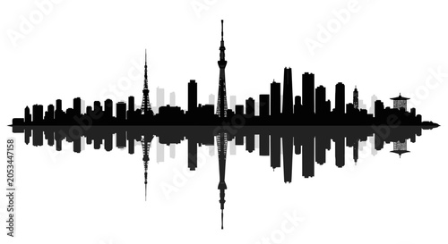 Tableau sur toile Tokyo Skyline Silhouette Reflection Black and White