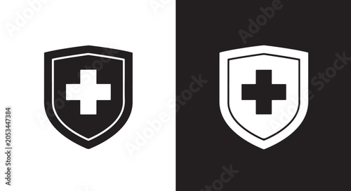 medical cross shield icon vector: logo icons vector set. Blue, Black and white icons