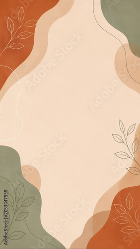 Abstract wavy organic shapes backdrop with minimal botanical foliage line art for smartphone wallpaper.