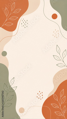Abstract boho botanical background with organic shapes and line art leaves for stories or wallpaper.