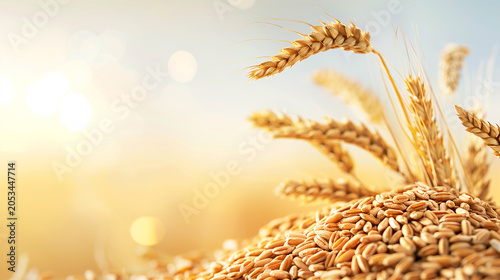 Golden wheat grains and stalks bathed in warm sunlight, symbolizing harvest and abundance