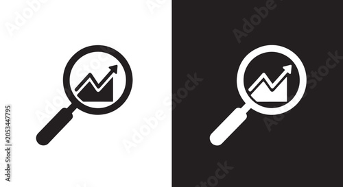 magnifying glass with stock chart icon: Minimalist, flat icon, outline, glyph, linear, clipart, sticker - icon set