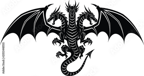 Three headed dragon silhouette illustration, black mythical creature artwork, powerful fantasy beast design, legendary winged monster tattoo vector, epic hydra dragon art