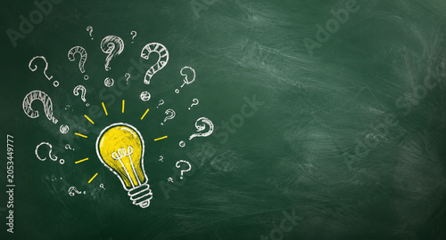 AI generated conceptual illustration of glowing lightbulb surrounded by question marks symbolizing creativity curiosity innovation problem solving learning inspiration