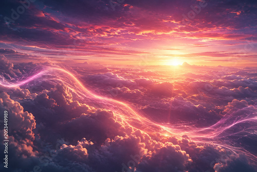 AI generated fantasy sky glowing energy streams above dramatic clouds radiant horizon symbolizing imagination wonder spirituality freedom limitless possibilities