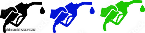 Foto Three colored fuel pump nozzles with drops, black, blue, and green, on white background, symbolizing different types of gasoline or fuel, eco-friendly and environmentally friendly concepts