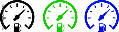 Fotografía Fuel gauge icons in black, green, and blue, indicating different gasoline levels on a white background, for car and vehicle concepts