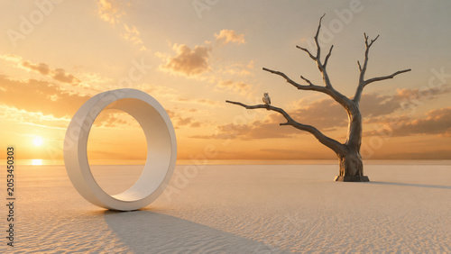 AI generated surreal landscape featuring circular portal barren tree vast desert environment symbolizing imagination mystery solitude exploration transformation abstract thinking