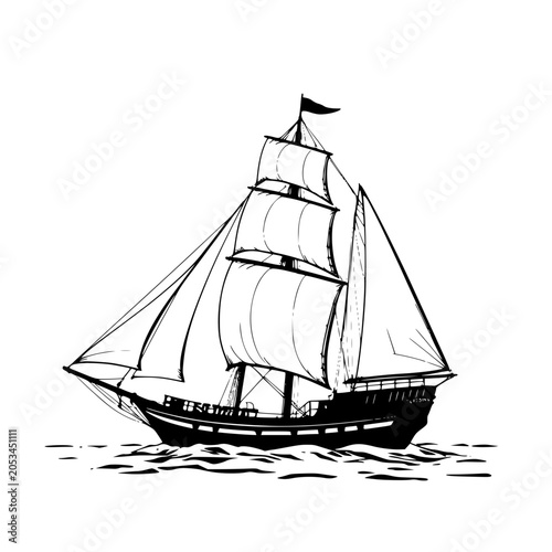 Quadro su tela Classic sailing ship silhouette vector illustration of a traditional tall ship with billowing sails on calm waters, perfect for nautical designs and vintage travel themes