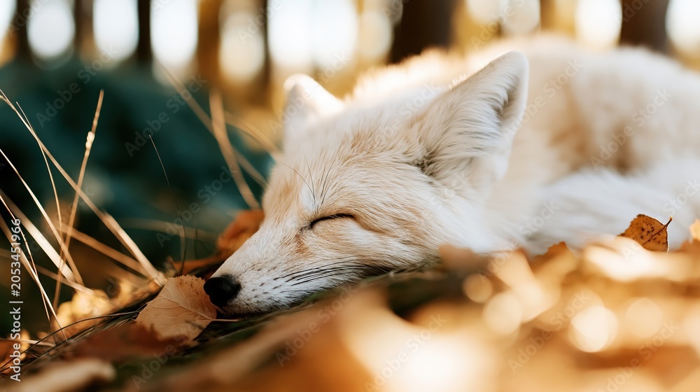 Fototapeta premium A serene white fox peacefully sleeps amidst autumn leaves in a tranquil forest, capturing the essence of nature's beauty and the peaceful coexistence of wildlife.