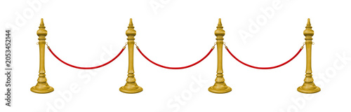 Red velvet rope barrier and luxury golden barrier poles isolated on white background