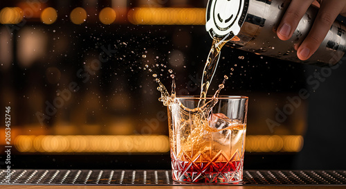 Luxury Cocktail Pour with Dramatic Splash and Crystal Ice in Upscale Bar