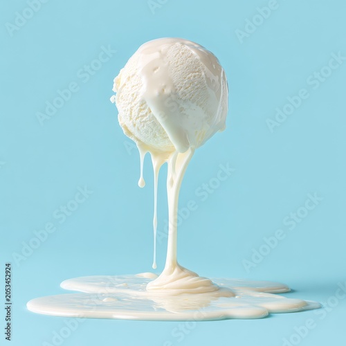 A single scoop of melting vanilla ice cream drips over a pastel blue background