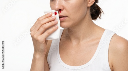 Woman suffering from a nosebleed holding a white tissue to her nose against a clean isolated white background studio shot