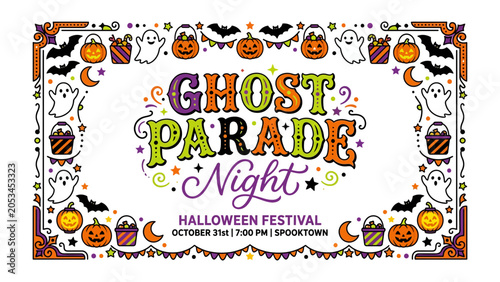 Schilderij op canvas Halloween Parade Night: A whimsical illustration invites attendees to a Ghost Parade Night Halloween festival, featuring playful ghosts, pumpkins, bats, and festive decorations
