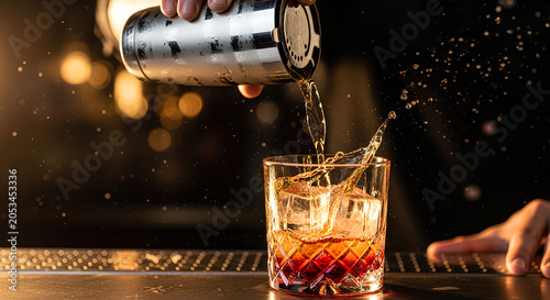 Luxury Cocktail Pour with Dramatic Splash and Crystal Ice in Upscale Bar