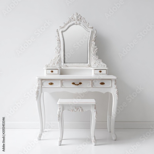 Elegant white vanity with ornate mirror, drawers, and matching stool