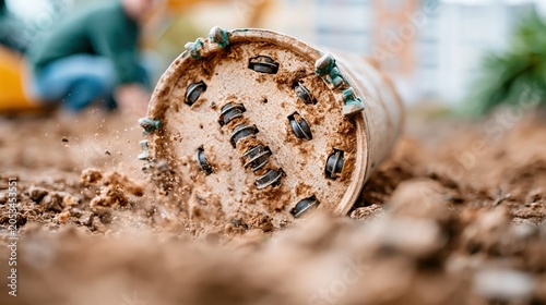A close-up view of a construction tool in dirt surroundings, highlighting the hard work and grit of manual labor prevalent in building and excavation projects.