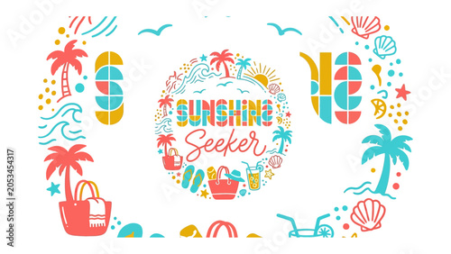 Bild auf Leinwand Sunshine Seeker Summer Graphic: A vibrant illustration capturing the essence of summer vacation with palm trees, waves, beach bags, and the text Sunshine Seeker at the center