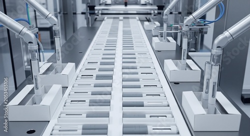 Automated production line packaging electronic devices in sterile factory environment