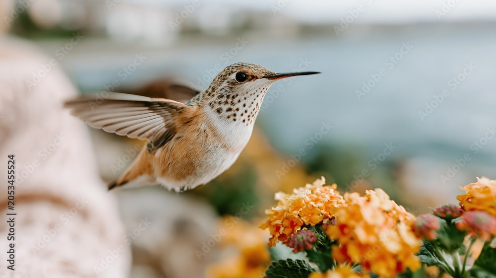 Fototapeta premium A delicate hummingbird hovers gracefully in the air near vibrant flowers, displaying the beauty and agility of nature's most captivating creatures in a serene garden setting.