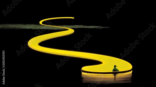 Minimalist glowing yellow sine wave path on black background with bird silhouette for tech concept