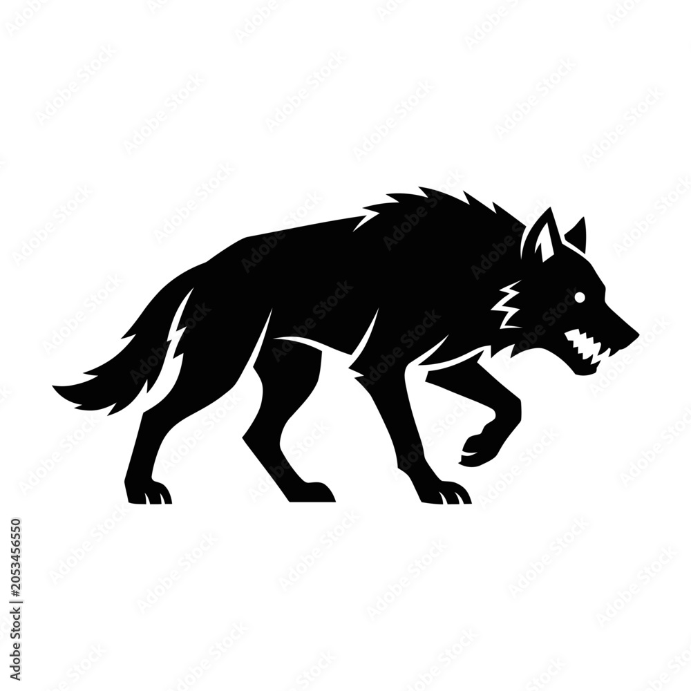 Fototapeta premium Fierce black wolf silhouette standing on white background.